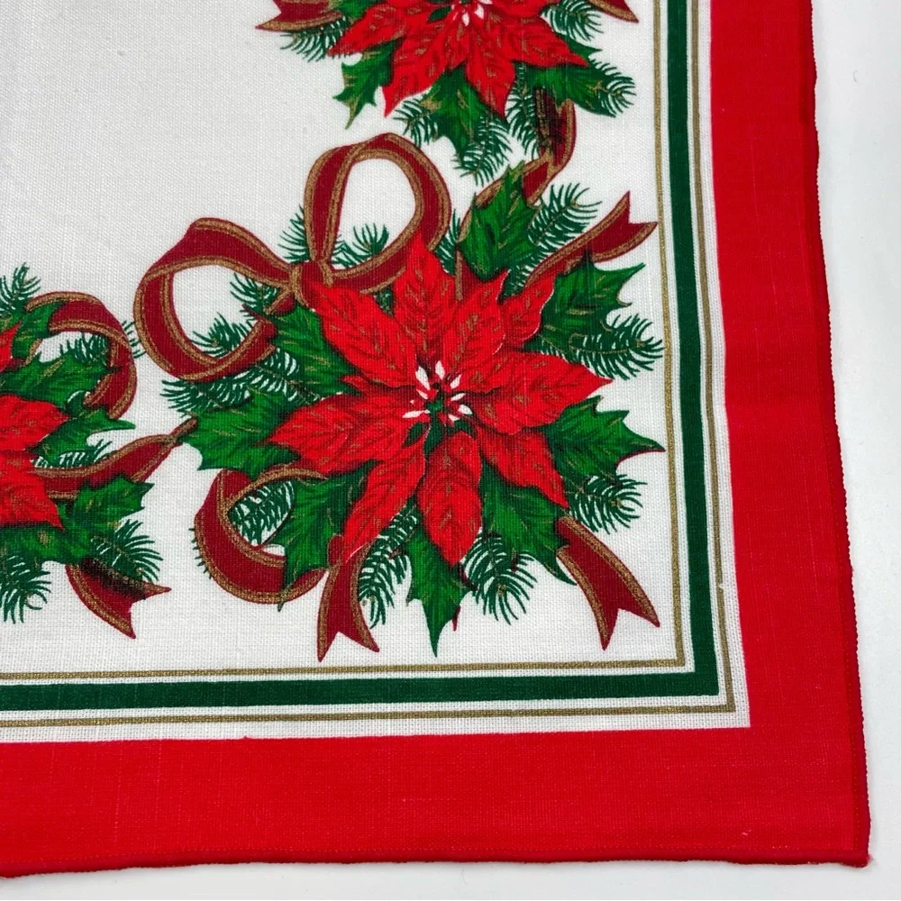Vintage Christmas Napkins Cloth Poinsettia Flowers Red White Green Holiday Set 8
